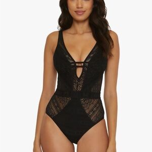 Bec + Bridge Black Lace Women's Color Play Plunge One Piece Swimsuit